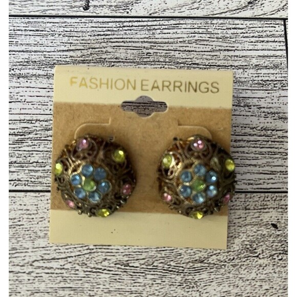 Round Button Multicolor Rhinestone Stud Fashion Earrings - Picture 2 of 4